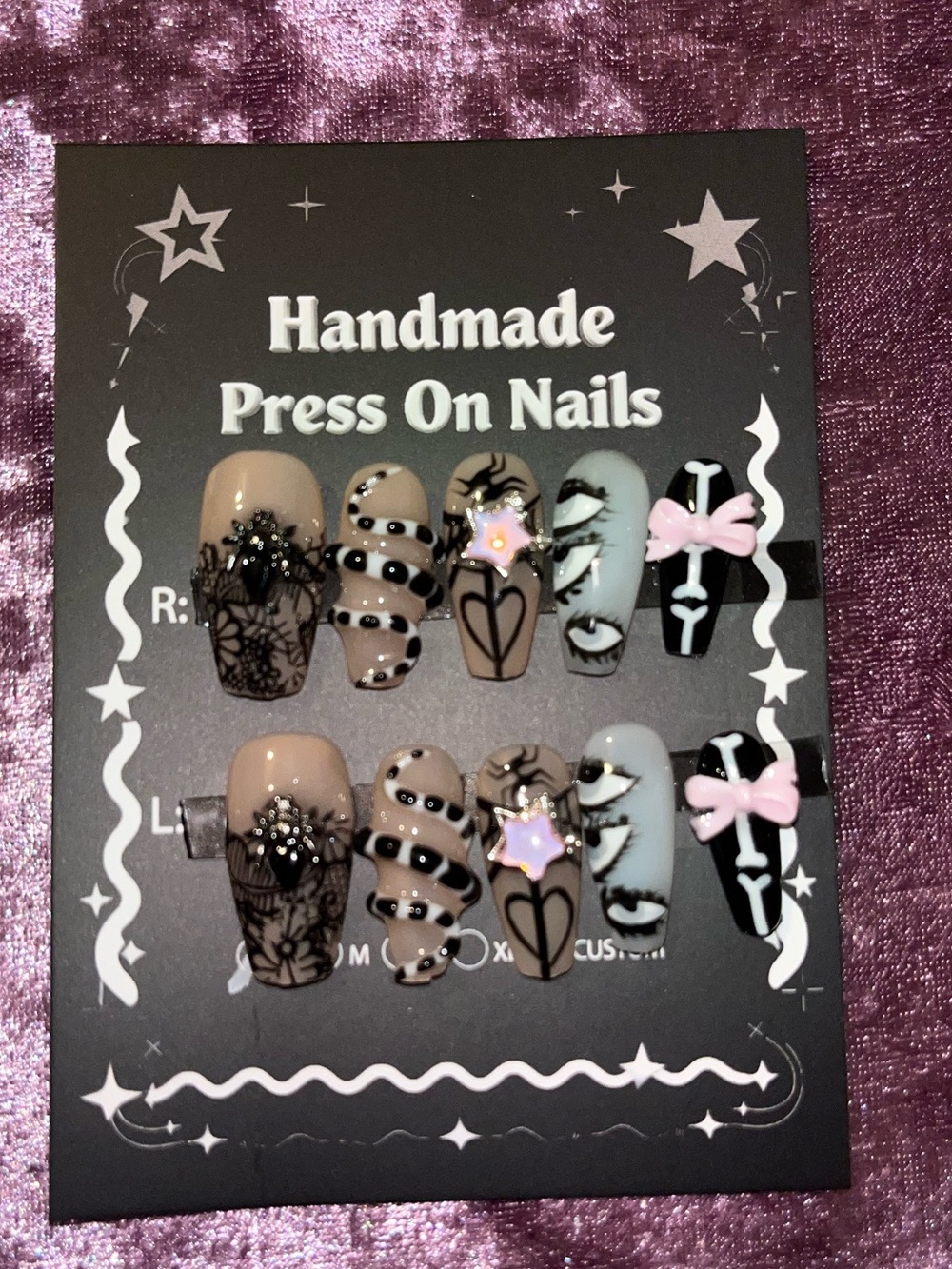 Handmade Beige & Black Press-On Nails Set with Star Accent